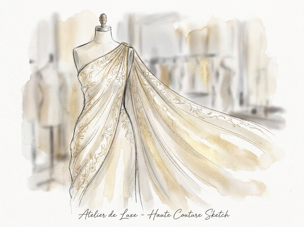 Editorial sketch of designer luxury silk suit and embroidered pret